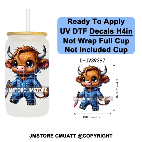 Highland Cow Horror Character Coquette Pumpkin UV DTF Decals Ready To Apply Durable Transfer Stickers For 16OZ Libbey Glass Can