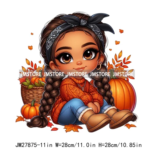 Cute Autumn Pumpkins Fall Vibes Laina Baby Hispanic Chibi Girls Logos DTF Iron On Transfer Stickers Ready To Press For T-shirts