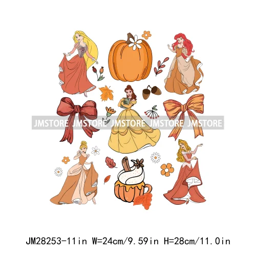 Cartoon Princess Cute Animal Coquette Fall Season Autumn Pumpkin Spice Iron On DTF Transfers Stickers Ready To Press For Clothes