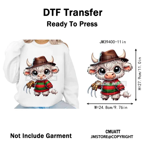 Horror Spooky Cartoon Baby Highland Cow Halloween Vibes Animal Iron on DTF Washable Transfers Sticker Ready to Press for Hoodies