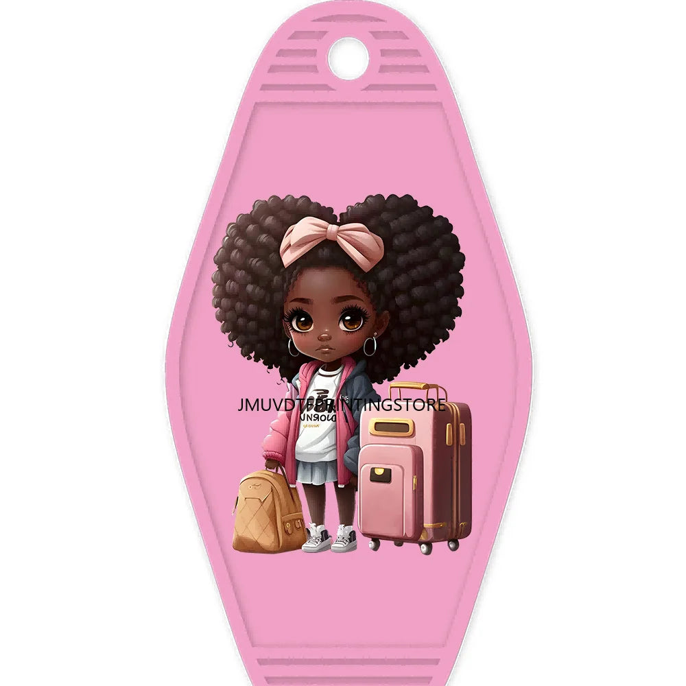 School Melanin Black Girls With Luggage High Quality WaterProof UV DTF Sticker For Motel Hotel Keychain Afro Children