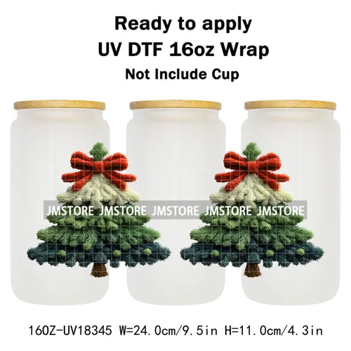 Faux Yarn Christmas Characters UV DTF Cup Wrap Ready To Apply Transfer Stickers Durable 16OZ Tumbler Wraps For Libbey Glass Can