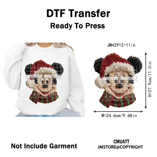 Scarf Christmas Cartoon Movie Mouse Friends Faux Yarn Embroidery Iron on DTF Transfers Stickers Ready to Press for Sweatshirts