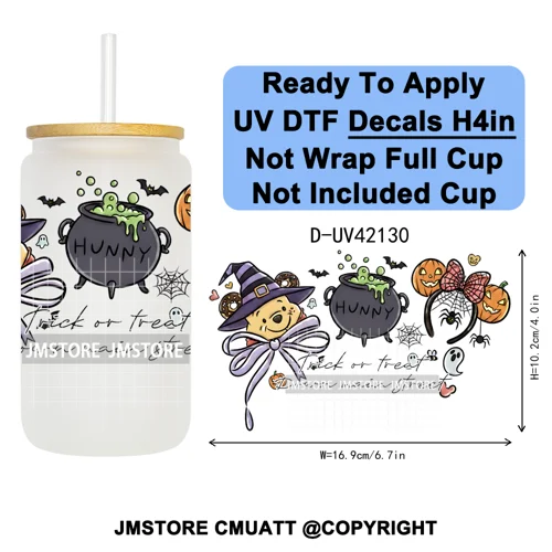 Spooky Halloween Mouse Ears Cartoon Character UV DTF Transfer Sticker Decals Ready To Apply Waterproof For 16OZ Libbey Glass Can