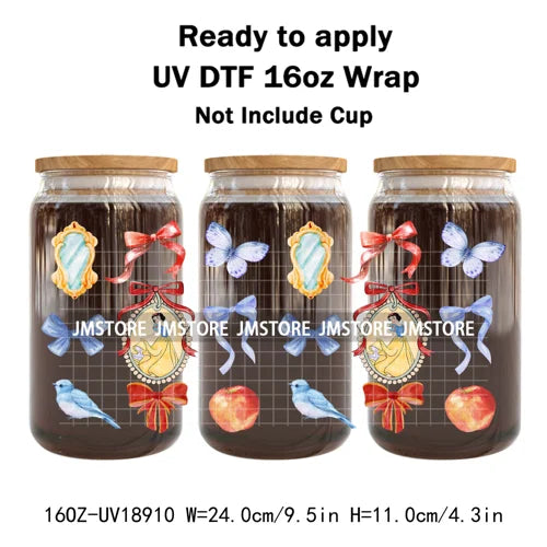 Coquette Bow Cartoon Princess Mirror UV DTF Cup Wrap Ready To Apply Transfer Stickers Waterproof Logo For 16OZ Libbey Glass Can