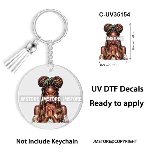 Christian Jesus God Pray Afro Girl UV DTF Decal Round Keychain Ready To Apply WaterProof Transfer Stickers For Circle Keychain