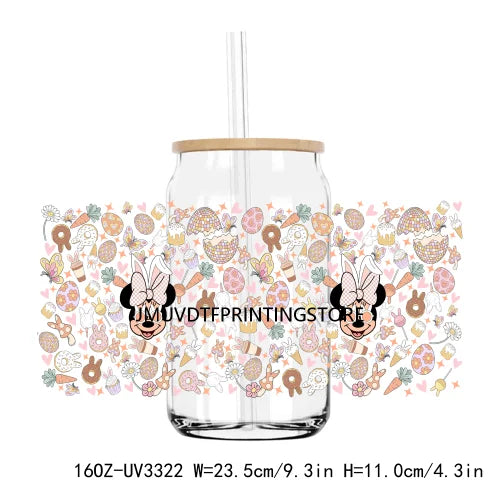 Cute Easter Bunny Cartoon UV DTF Sticker For 16OZ Libbey Glass Cup Can Wrap Transfer Sticker Custom Label DIY Logo Spring Flower