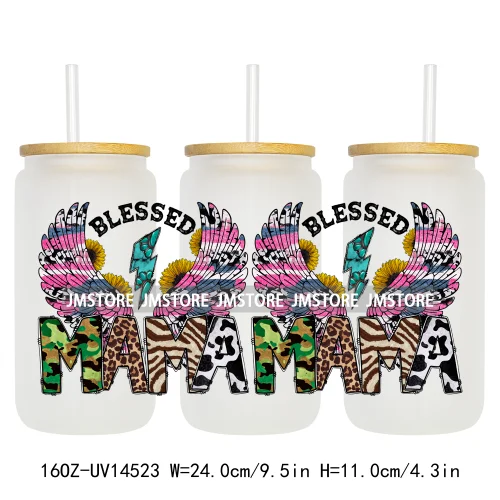 Floral Blessed Mama Leopard Mom 16OZ UV DTF Cup Wraps Ready To Apply Waterproof Transfer Stickers For Libbey Glass Can Tumbler