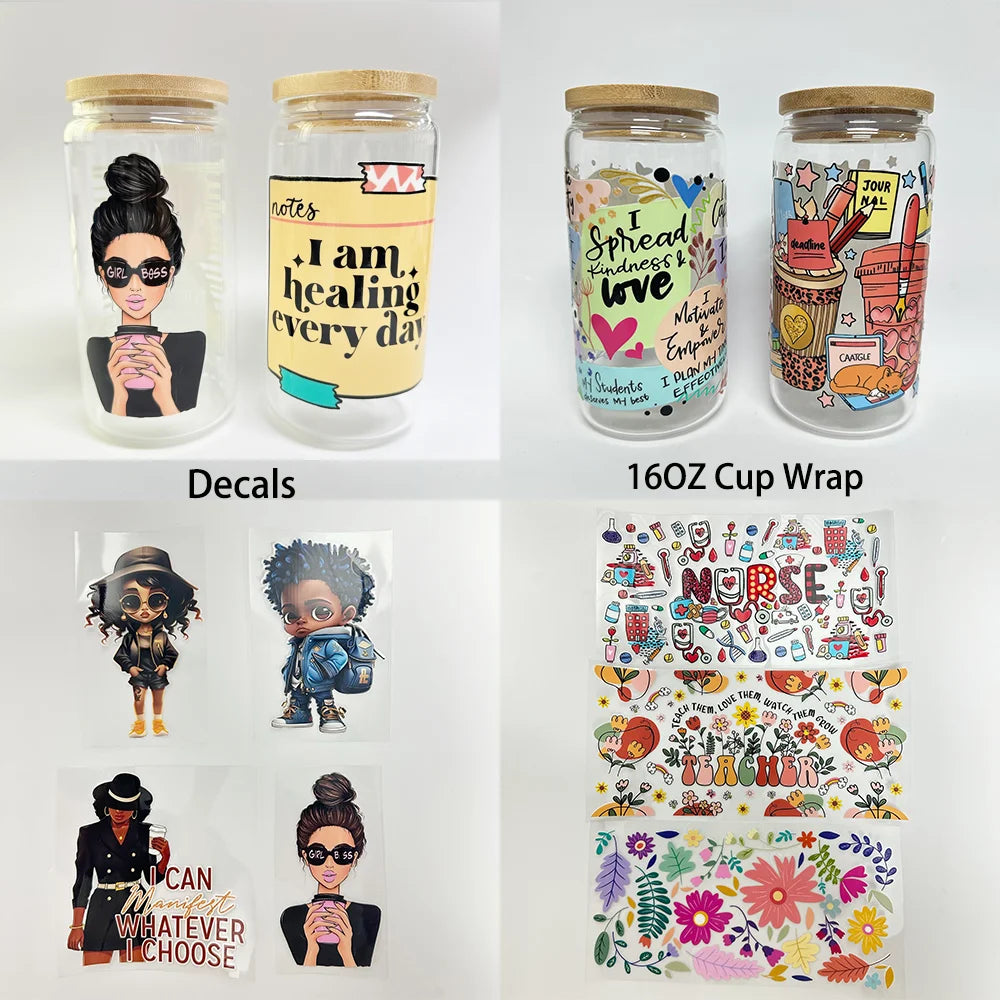 Watercolor Christmas Farm Truck Xmas Gifts UV DTF Transfer Stickers Decals Ready To Apply Waterproof For 16OZ Libbey Glass Can