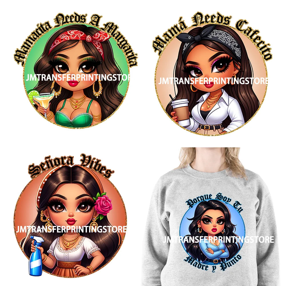 Funny Latina Chicano Mama Sayings Design Washable Chibi Women Style Mother DTF Transfer Stickers Ready To Press For T-shirts Bag