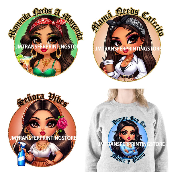 Funny Latina Chicano Mama Sayings Design Washable Chibi Women Style Mother DTF Transfer Stickers Ready To Press For T-shirts Bag