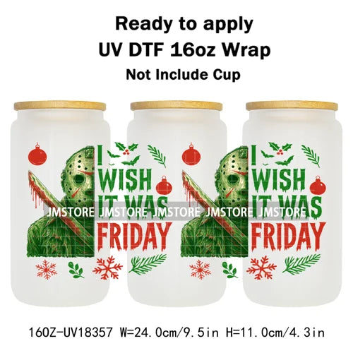 Preppy Christmas Movie Killer Cartoon Bow 16OZ UV DTF Cup Wraps Ready To Apply Waterproof Transfer Stickers For Libbey Glass Can