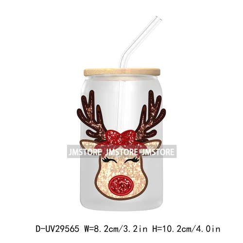 Coquette Bow Faux Glitter Christmas Tree UV DTF Transfer Stickers Decals For Libbey Cold Cups Mugs Tumbler Reindeer Candy Cane