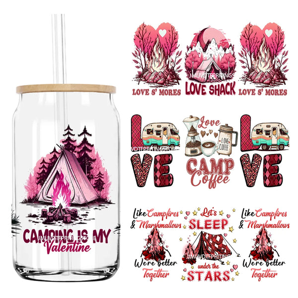 Camping Is My Valentine UV DTF Sticker For 16OZ Libbey Glass Cup Can Wrap Transfer Sticker Custom DIY Logo Love Camp Coffee