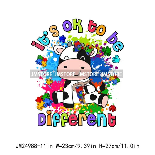 Colorful Autism Awareness Printing It's Okay To Be Different Iron On Heat Press DTF Transfer Stickers Ready To Press For Clothes