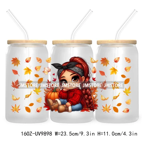 Mexican Latina Chibi Autumn Baby Girl UV DTF Sticker For 16OZ Libbey Glass Cup Can Wrap Transfer Stickers Custom Labels DIY Logo