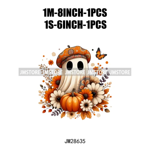 Cute Fall Florals Spooky Ghost Halloween Pumpkins Leaves Autumn  Iron On DTF Transfers Stickers Ready To Press For T-shirts Bags