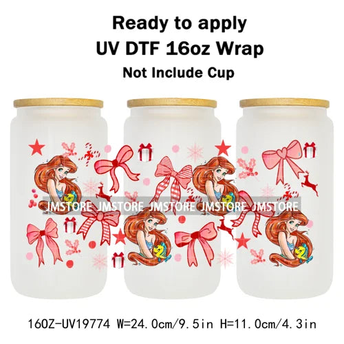 Coquette Princess Christmas Gifts 16OZ UV DTF Cup Wraps Ready To Apply Waterproof Transfer Stickers For Libbey Glass Can Cartoon