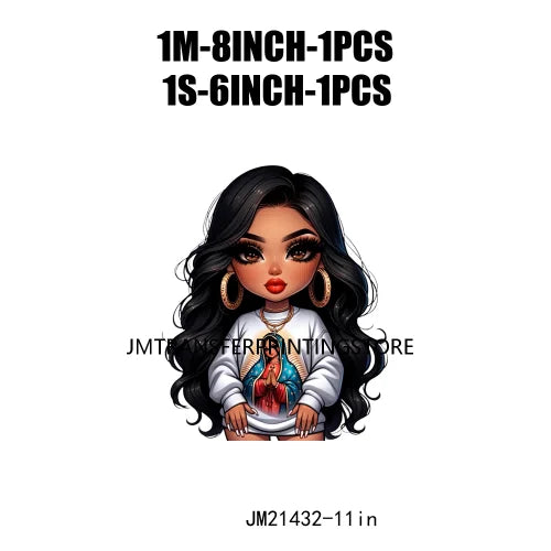 Chibi Cute Chicana Doll Guadalupe Lady Skull Latina Woman Cold Peel Decals Iron On DTF Transfers Stickers For Shirts Bags Pillow