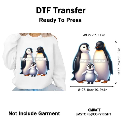 Cute Animal Penguins Coquette Hat Family Mom Father Baby Lovers Iron on DTF Heat Transfer Stickers Ready to Press for Hoodies