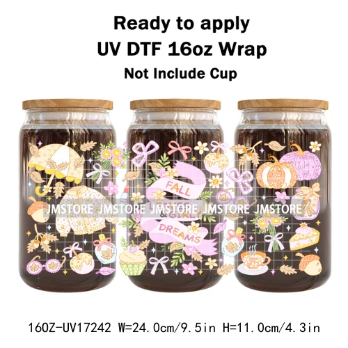 Bookish Autumn Fall Coquette Pumpkins Season UV DTF Wraps Transfer Sticker Selfadhesive Waterproof For 16OZ Libbey Glass Can Mug