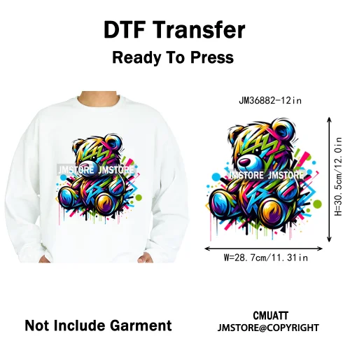 12in Colorful Graffiti Urban Stree Vibes Fearless Gangster Bear Washable Iron on DTF Transfer Sticker Ready to Press for Clothes