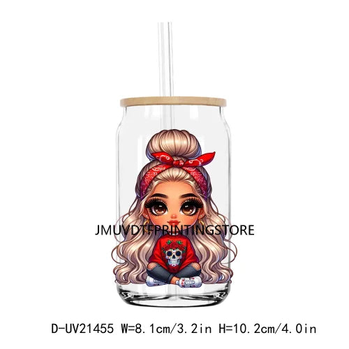 Chibi Cute Chicana Doll With Rose UV DTF Transfers Stickers Decals For Libbey Cold Cups Mugs Tumbler Mexico Waterproof DIY Logo