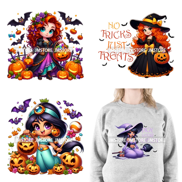 Washable Chibi Spooky Princess Pumpkin Halloween Trick Or Treat Witch Iron On DTF Transfers Stickers Ready To Press For Hoodies