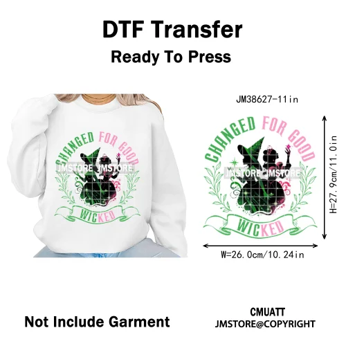 Witch Changed For Good Faux Glitter Pink and Green Movie Iron on DTF Washable Transfers Stickers Ready to Press for Clothes Bags