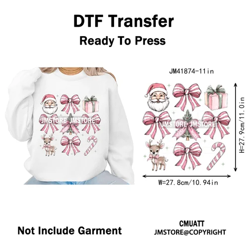 Merry and Bright Coquette Patchwork Santa Christmas Holiday Season Iron on DTF Heat Transfer Stickers Ready to Press for Hoodies