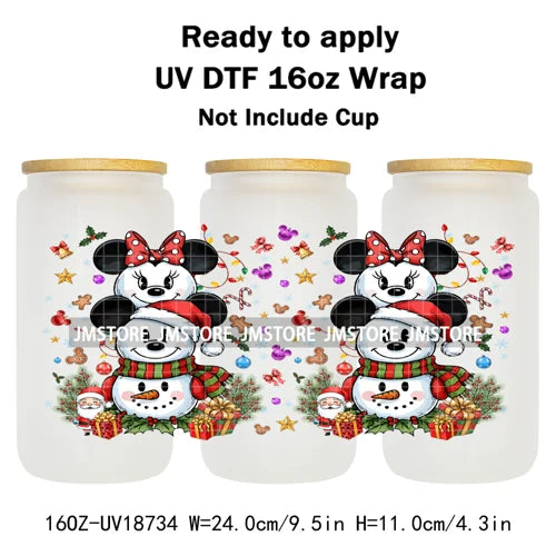 Cartoon Character Snowman Christmas 16OZ UV DTF Cup Wraps Ready To Apply Waterproof Transfer Sticker For Libbey Glass Can Bottle