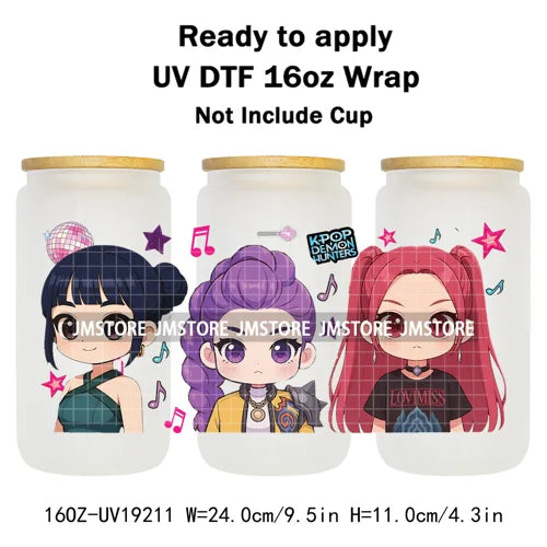 Demon Hunters Inspired Kpop Girls Bands UV DTF Transfer Sticker Durable Cup Tumbler Wrap For 16OZ Libbey Glass Wraps Bottle Mug