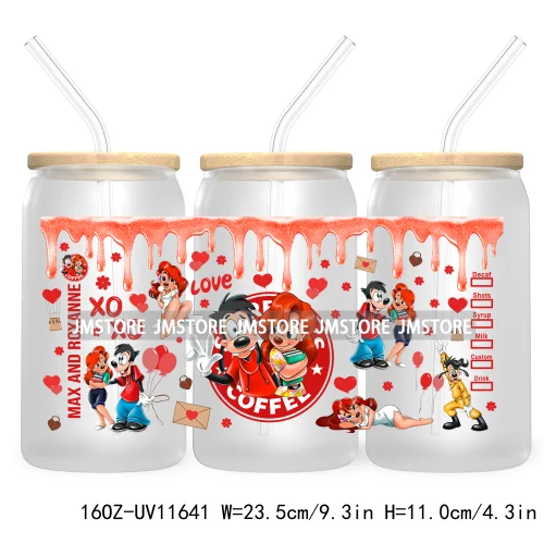 Cute Cartoon Couple XOXO Valentine's Day UV DTF Cup Wrap Transfer Stickers For 16OZ Libbey Glass Can Cupid Vibes Love Hearts