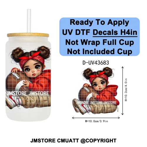 Cute Latina Baby Girl American Football UV DTF Cup Decals Ready To Apply Transfer Stickers Durable For Libbey Glass Can Tumbler