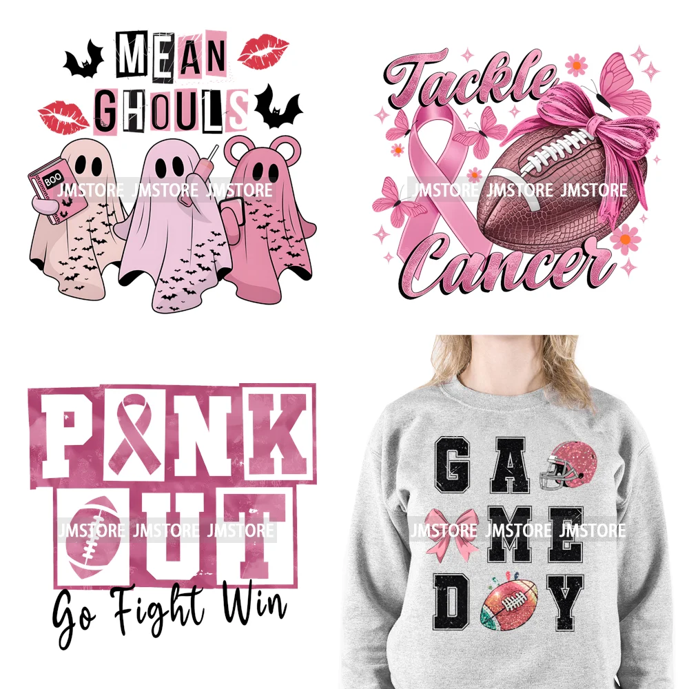 In October We Wear Pink Coquette Football Pink Out Breast Cancer Iron On DTF Transfer Stickers Ready To Press For Clothes Bags