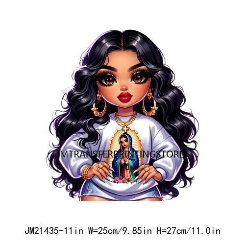 Chibi Cute Chicana Doll Guadalupe Lady Skull Latina Woman Cold Peel Decals Iron On DTF Transfers Stickers For Shirts Bags Pillow