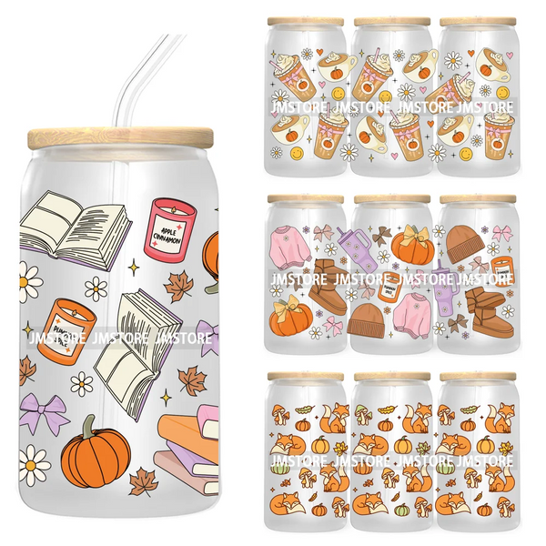 Fall Iced Coffee Cup Pumpkin Spice 16OZ UV DTF Cup Wrap Transfer Stickers Custom Labels For Libbey Glass Can Autumn Lover Gift