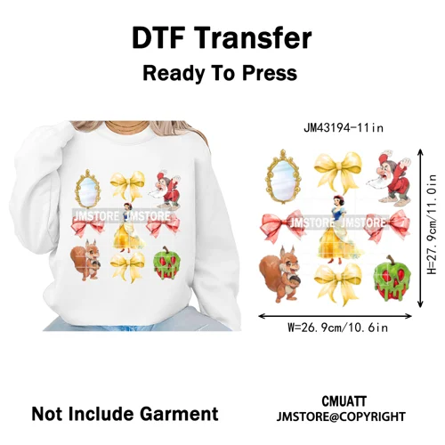 Colorful Girly Coquette Cartoon Princess Family Trip Iron on Washable DTF Heat Transfers Stickers Ready to Press for Clothing