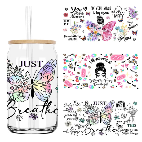 Just Breathe Butterfly Inspirational Quotes UV DTF Sticker For 16OZ Libbey Glass Cup Can Wrap Sticker Custom Labels DIY Logo