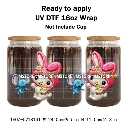 Faux Embroidery Floral Cartoon Characters UV DTF Stickers Ready To Apply Cup Wraps Waterproof For 16OZ Libbey Glass Can Tumbler