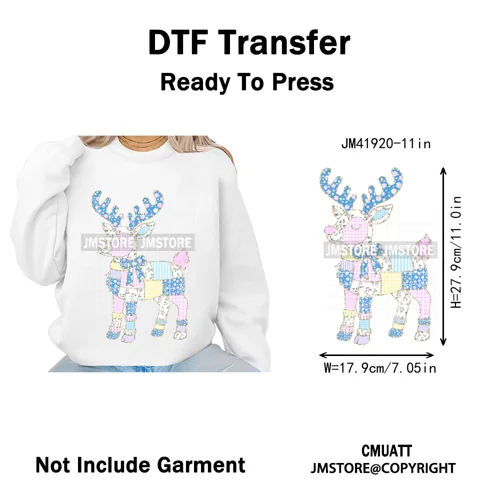 Merry and Bright Coquette Patchwork Santa Christmas Holiday Season Iron on DTF Heat Transfer Stickers Ready to Press for Hoodies