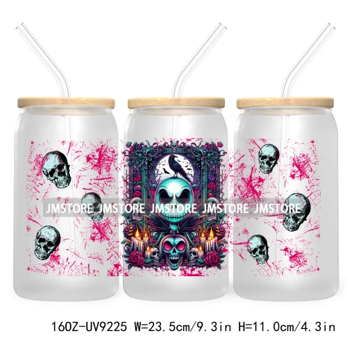 Horror Characters 16OZ UV Cup Wrap DTF Transfer Stickers For Libbey Glass Can Cups Tumbler Waterproof Labels Halloween Skull