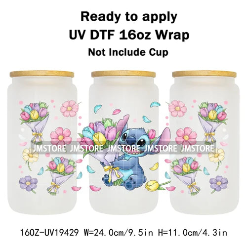 Cartoon Holding Bouquet Flowers UV DTF Cup Wrap Ready To Apply Transfer Stickers Durable 16OZ Tumbler Wraps For Libbey Glass Can