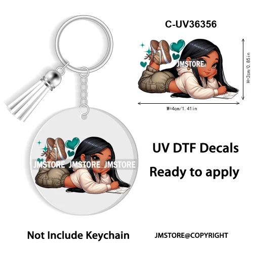Cartoon Princess Reading Bookish UV DTF Decal Round Keychain Ready To Apply WaterProof Transfer Stickers For Circle Keychain