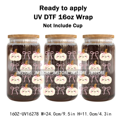 Fall Pumpkin Bow Autumn Girly UV DTF Stickers Ready To Transfer Cup Wrap Custom Labels DIY Craft For Libbey Can Glass Tumblers
