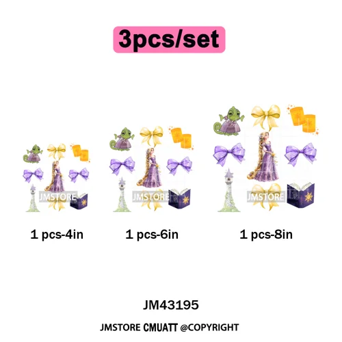 Colorful Girly Coquette Cartoon Princess Family Trip Iron on Washable DTF Heat Transfers Stickers Ready to Press for Clothing