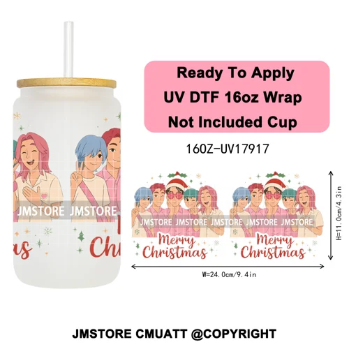 Merry Christmas Kpop Movie Character Anime Girl UV DTF Stickers Ready To Apply Cup Wrap High Quality For 16OZ Libbey Can Glass