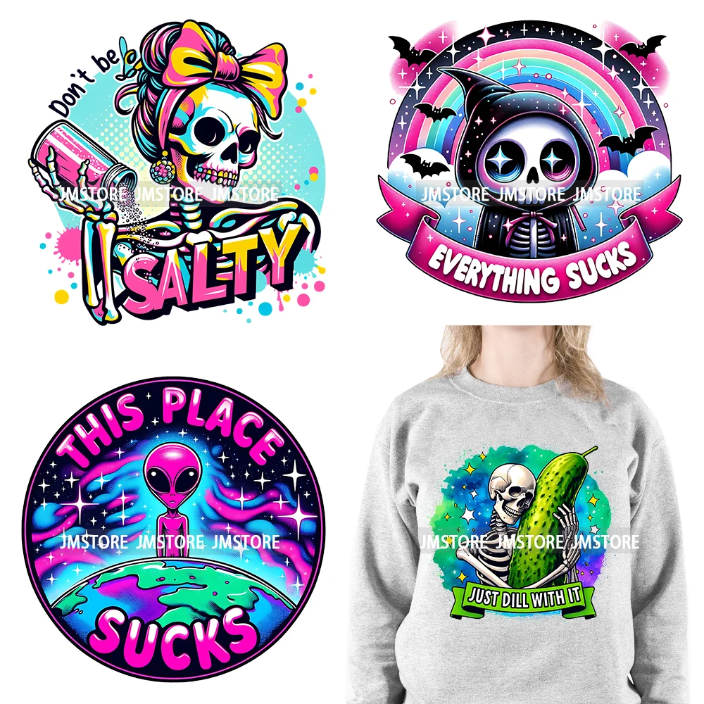 Good Vibes Sarcastic Skull Boujee Don't Be Salty On My Way To Stir The Pot DTF Iron On Heat Press Transfer Stickers For Clothing