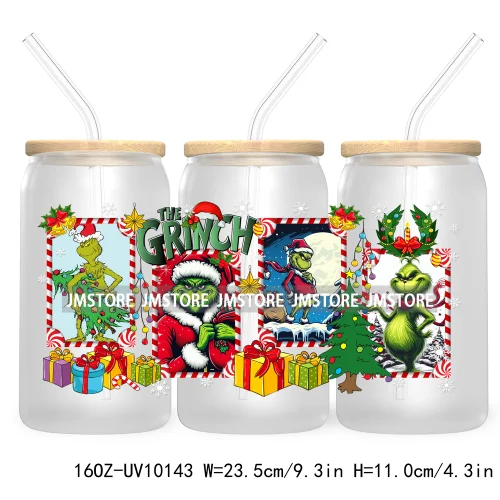 Christmas Coffee Cups Green Guy 16OZ UV Cup Wrap DTF Transfer Stickers For Libbey Glass Can Cup Tumbler Waterproof Label Cartoon