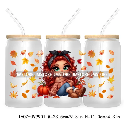 Mexican Latina Chibi Autumn Baby Girl UV DTF Sticker For 16OZ Libbey Glass Cup Can Wrap Transfer Stickers Custom Labels DIY Logo